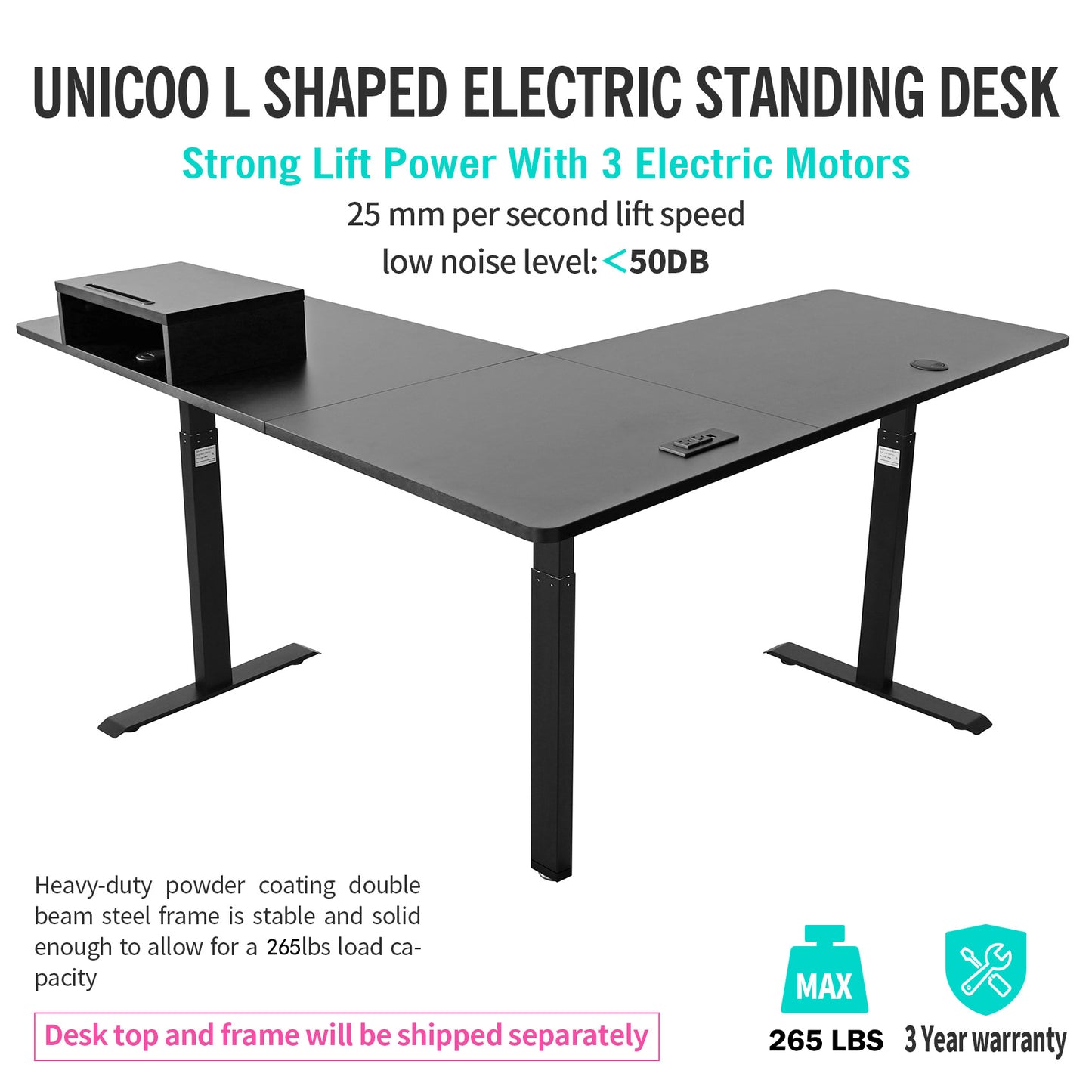UNICOO - L Shaped Triple Motor Electric Height Adjustable Standing Desk, Computer Corner Desk, Home Gaming Desk, Office Writing Workstation