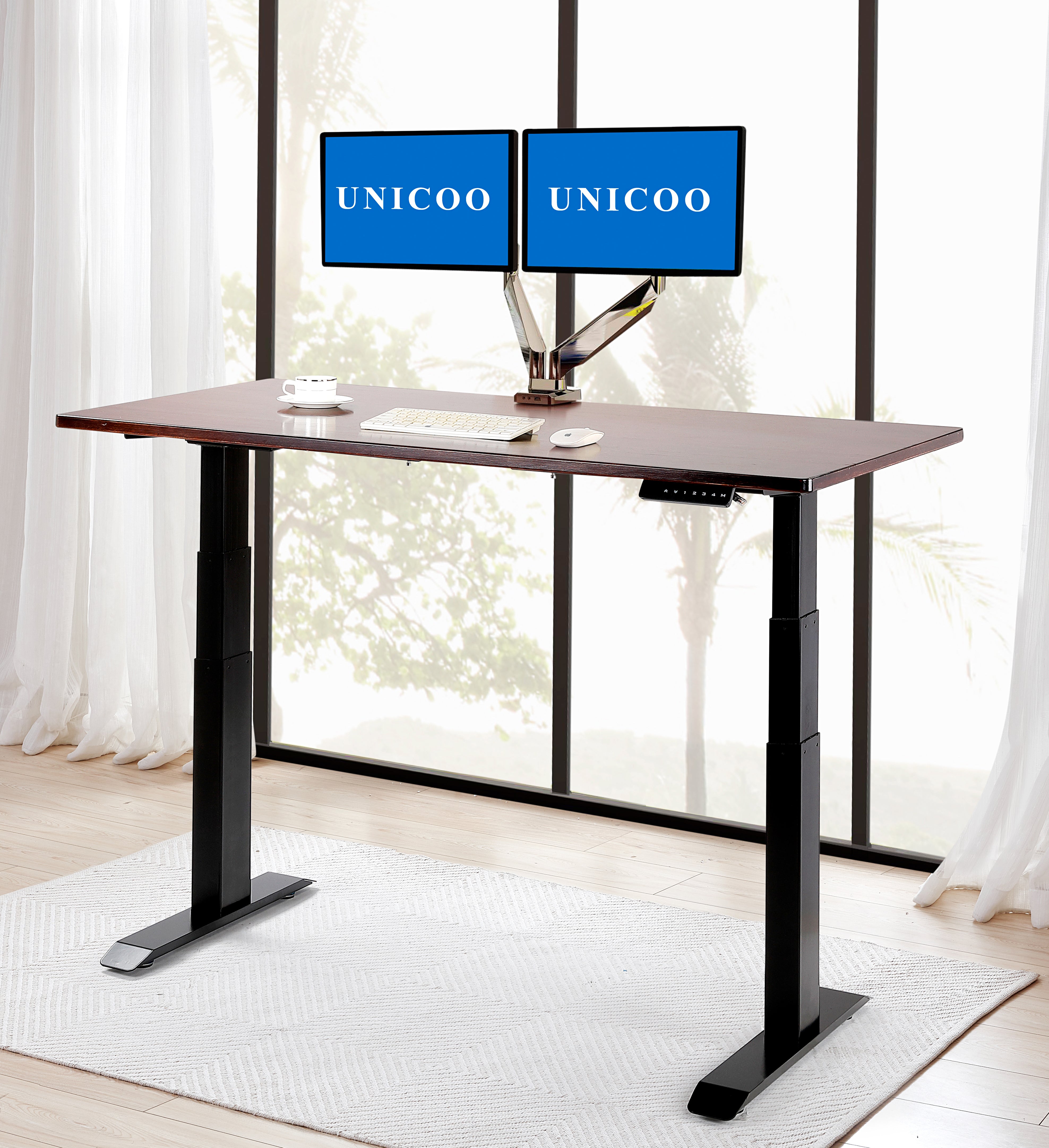 UNICOO - Electric Stand Up Desk Frame with Dual Motor, 3 Stage Up Lifting  Legs, Rise UP Electric Adjustable Height and Width Standing Desk Frame with 