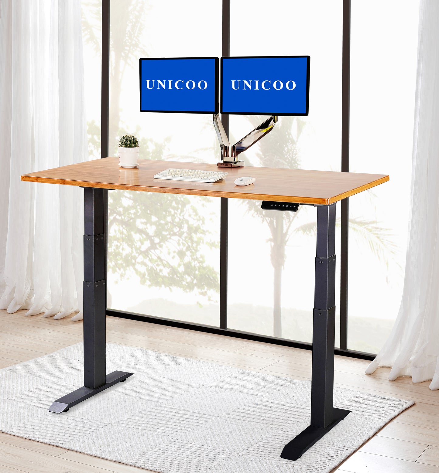 UNICOO - Electric Stand Up Desk Frame with Dual Motor, 3 Stage Up Lifting Legs, Rise UP Electric Adjustable Height and Width Standing Desk Frame with 4 Memory Keypad (Dual Motor Frame)