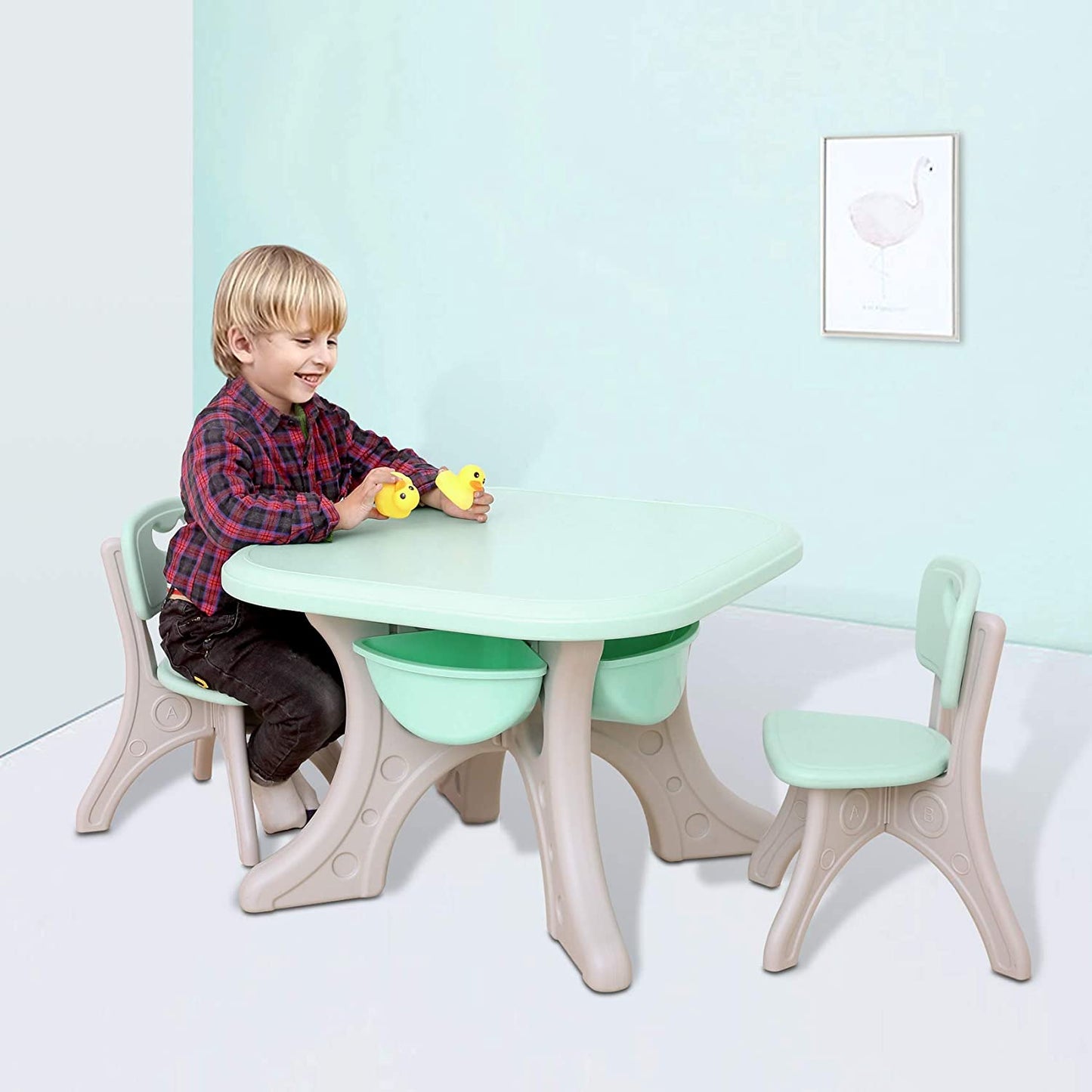 UNICOO - Kids Table and Chairs Set, Children Activity Art Study Desk with 2 Seats & 4 Storage Bins (3 Piece Set)
