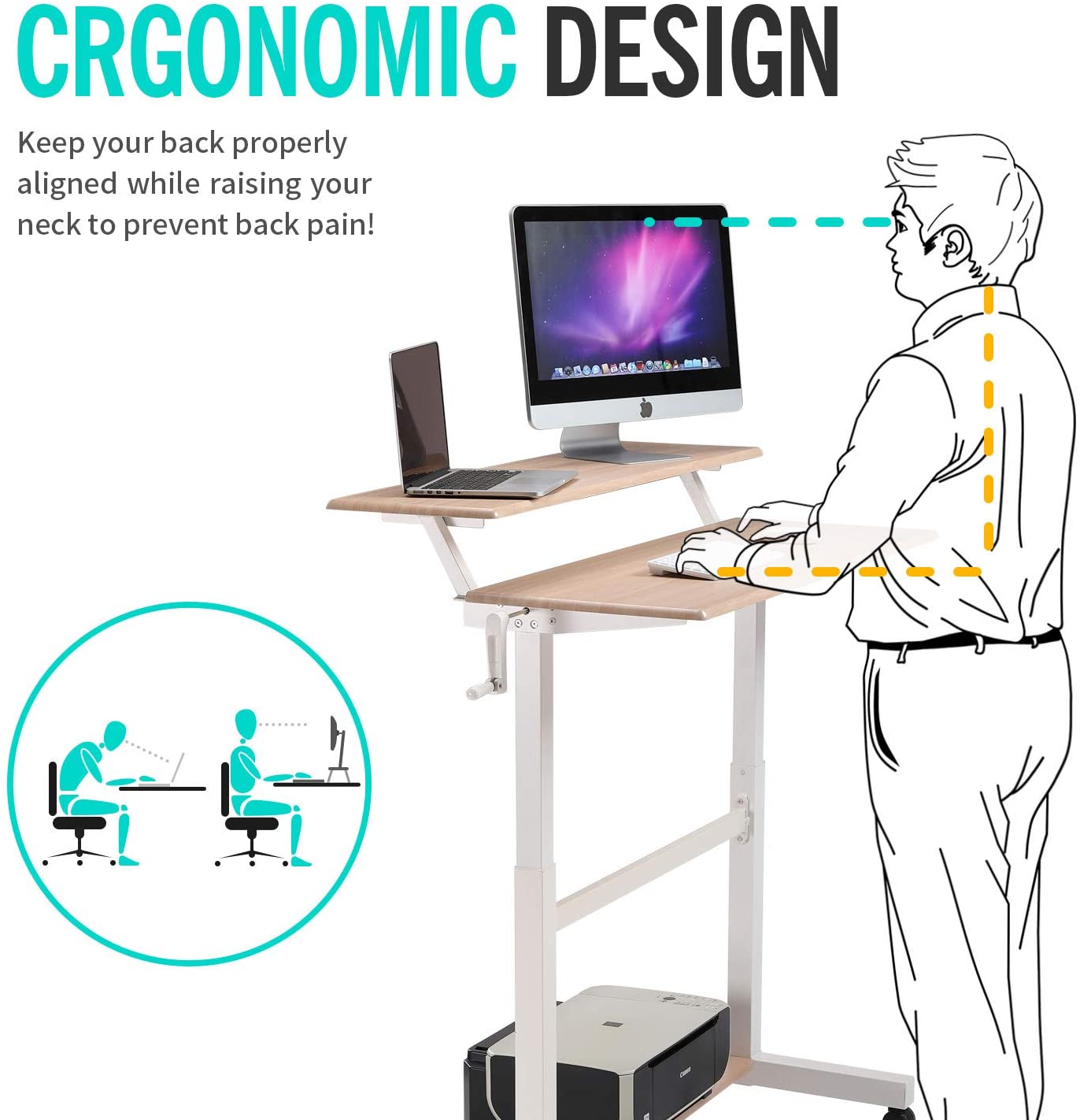 UNICOO – Crank Adjustable Height Standing Desk, 2 Tier Adjustable Sit to Stand up Desk, Mobile Standing Desk, Rolling Desk 2T-Crank