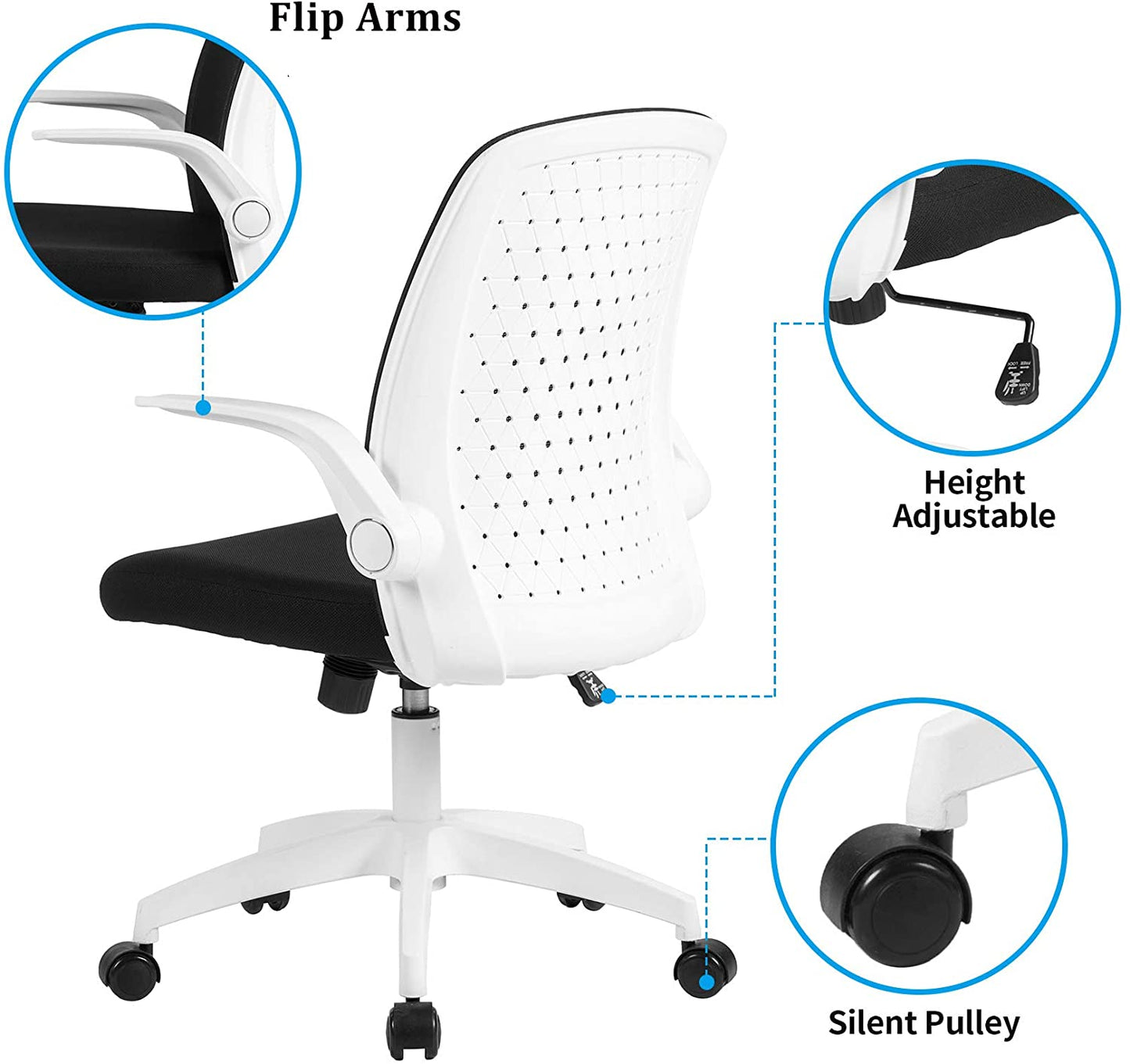 UNICOO - Office Chair Ergonomic Mid Back Swivel Chair, Mesh Computer Chair, Office Task Desk Chair, Home Comfort Chairs with Flip-up Armrests (W-179B - White)