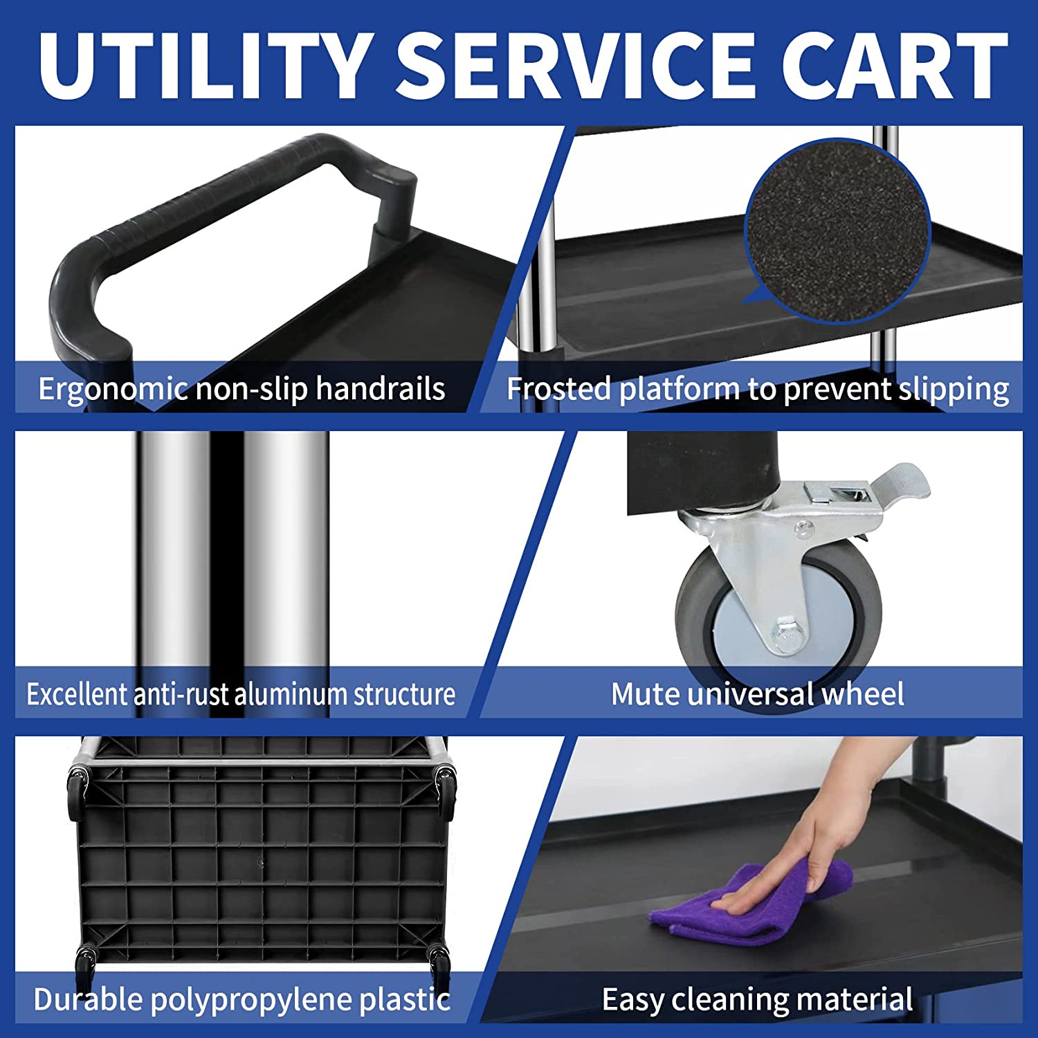 UNICOO Plastic Heavy Duty Utility Cart-550 Pound, 3-Tier Service Cart