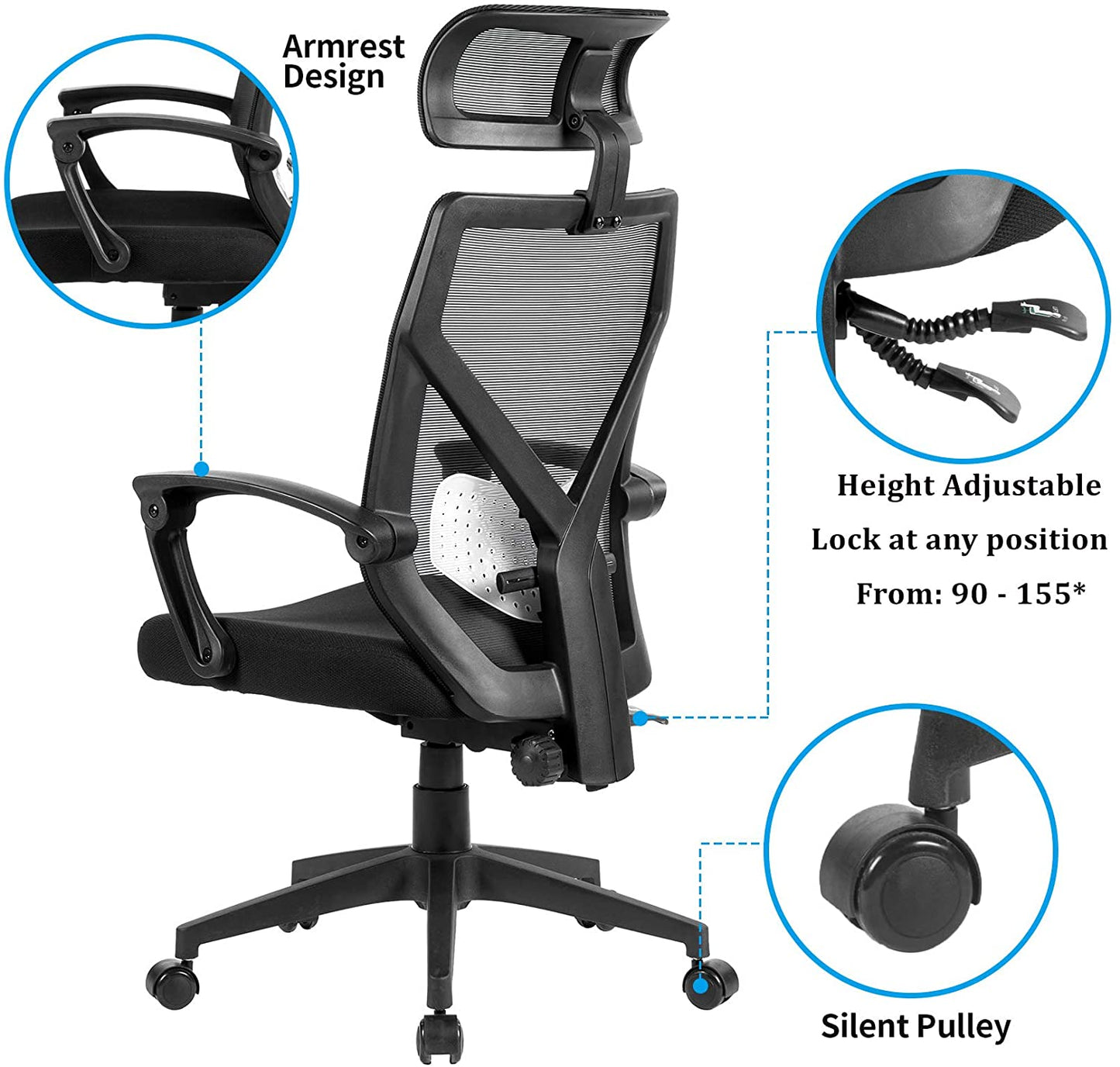 UNICOO - Home Office Chair Ergonomic Desk Chair High-Back Mesh Computer Chair Lumbar Support Comfortable Executive Adjustable Rolling Swivel Task Chair with Armrests (W-203C - Black)