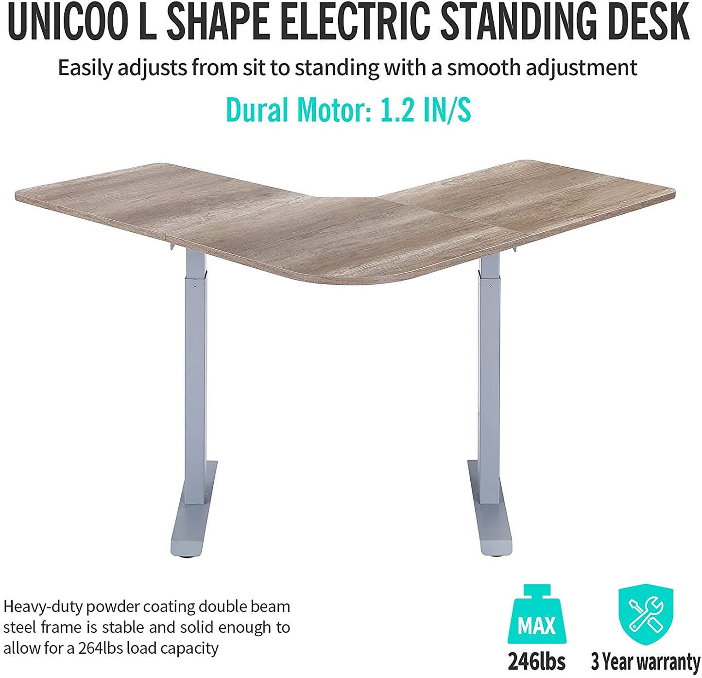 UNICOO - L Shaped Dual Motor Electric Height Adjustable Standing Desk, Computer Corner Desk, Home Gaming Desk, Office Writing Workstation (XOT-L)