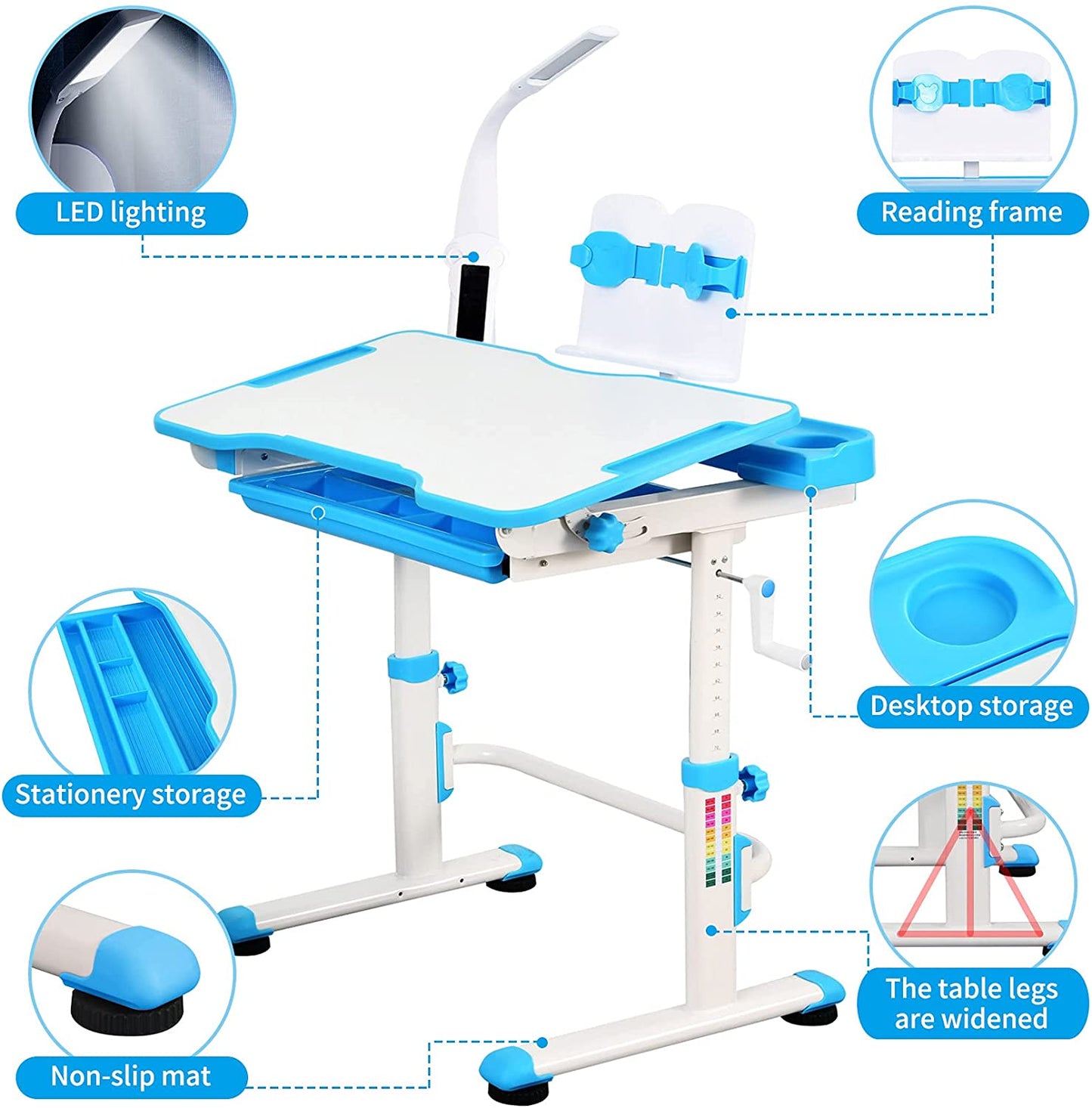 UNICOO - Kids Desk Chair Set with Premium Quality LED Lamp, Crank Height Adjustable Children Study Desk with Tilt Desktop, Pull Out Drawer Storage, New Designed Bookstand (TS-A801)