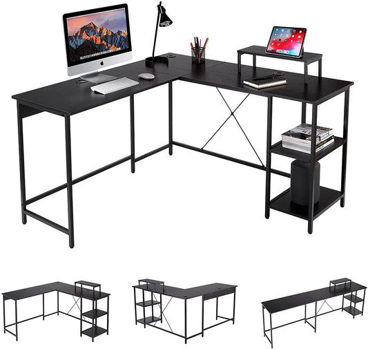 UNICOO - L Shaped Computer Desk, Modern Corner Computer Desks with CPU Stand Adjustable Shelves for Home Office Study Writing Gaming Wooden Table Workstation (SYK-03-L)