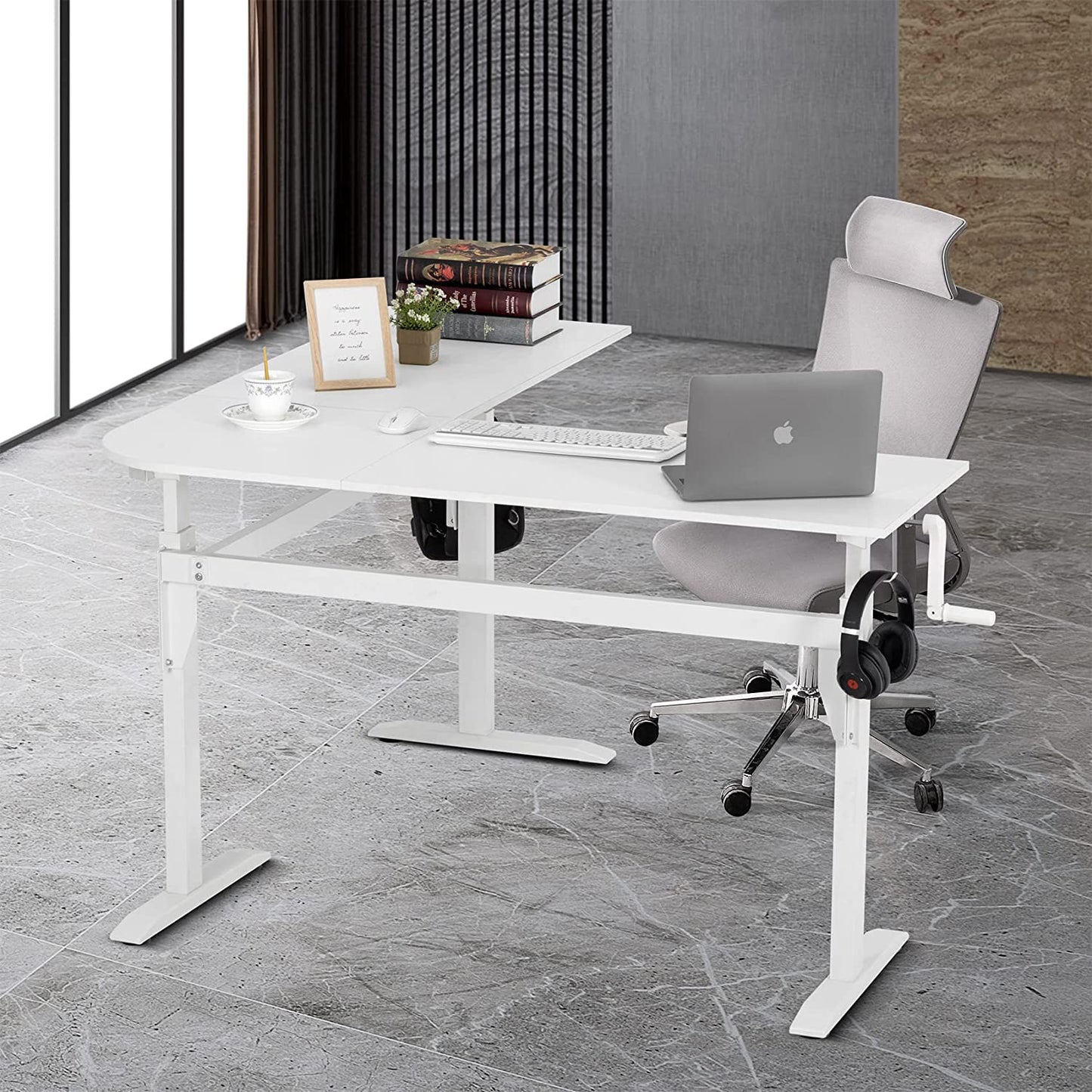 UNICOO – L Shaped Crank Height Adjustable Standing Desk, Sit to Stand up Corner Desk, L-Shaped Standing Workstation (XJH-LC-White-2 Packages)