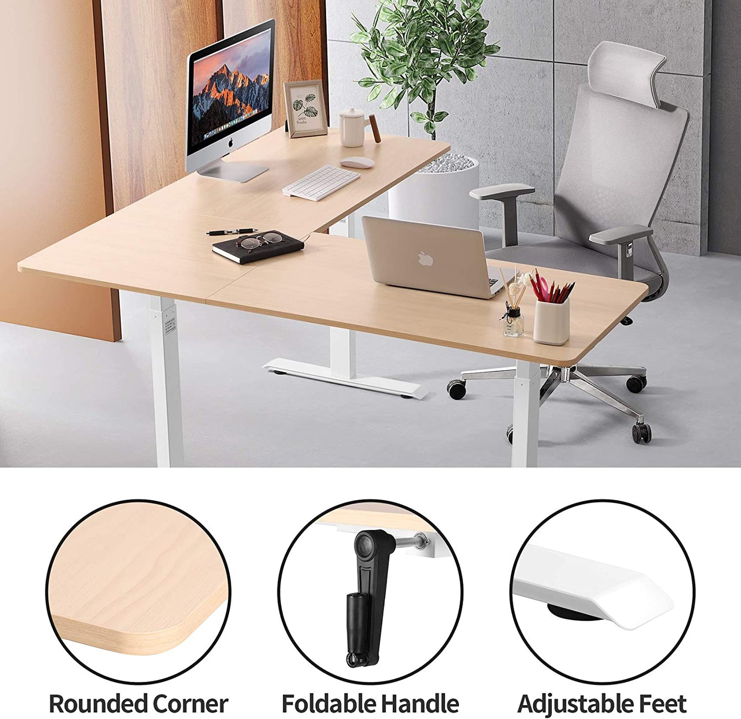 UNICOO – L Shaped Crank Height Adjustable Standing Desk, Sit to Stand up Corner Desk, L-Shaped Standing Workstation (L Shape Crank)