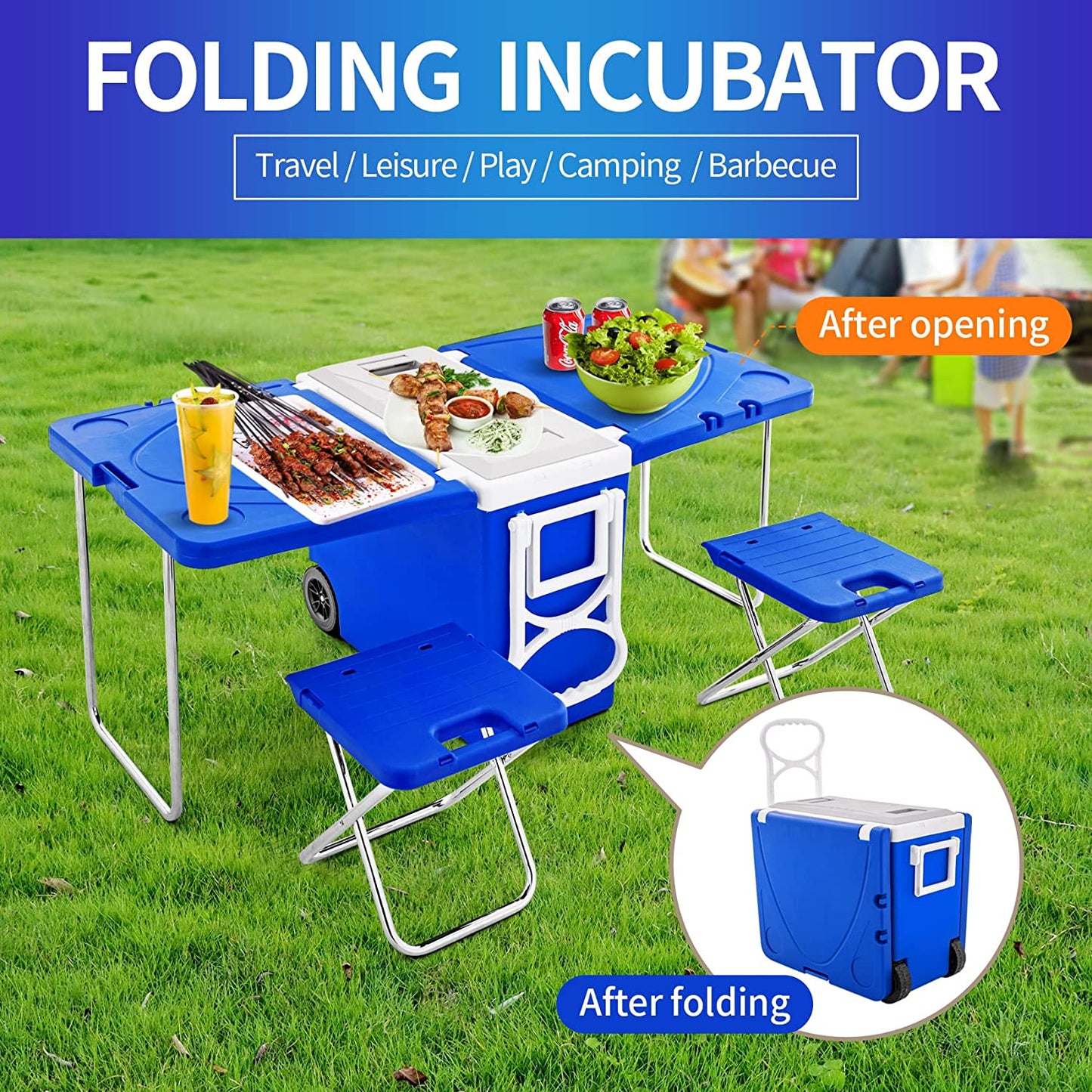 UNICOO - Multi-Function Rolling Cooler Picnic Camping Outdoor W/Table & 2 Chairs, Outdoor Picnic Foldable Upgraded Stool, Heat Insulation Box