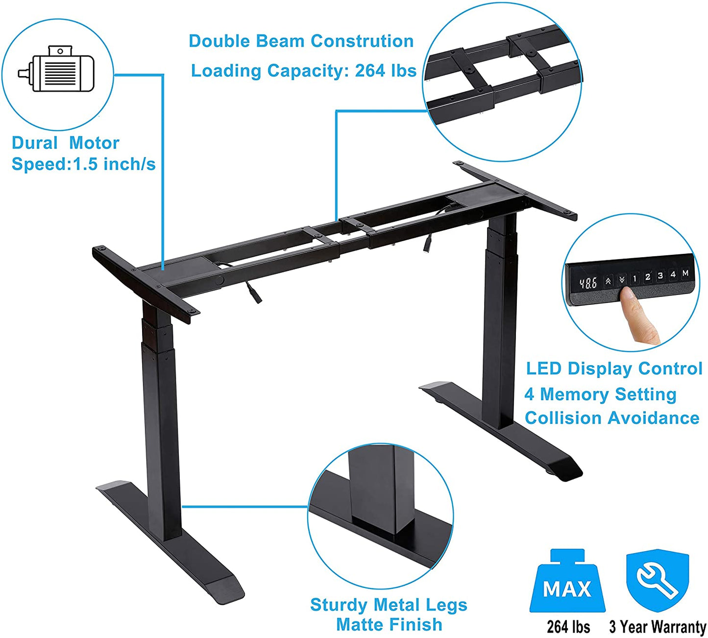 UNICOO - Electric Stand Up Desk Dual Motor, 3 Stage Up Lifting Legs with 1 Inch Thick Bamboo Table Top, LED 4 Memory Control Keypad