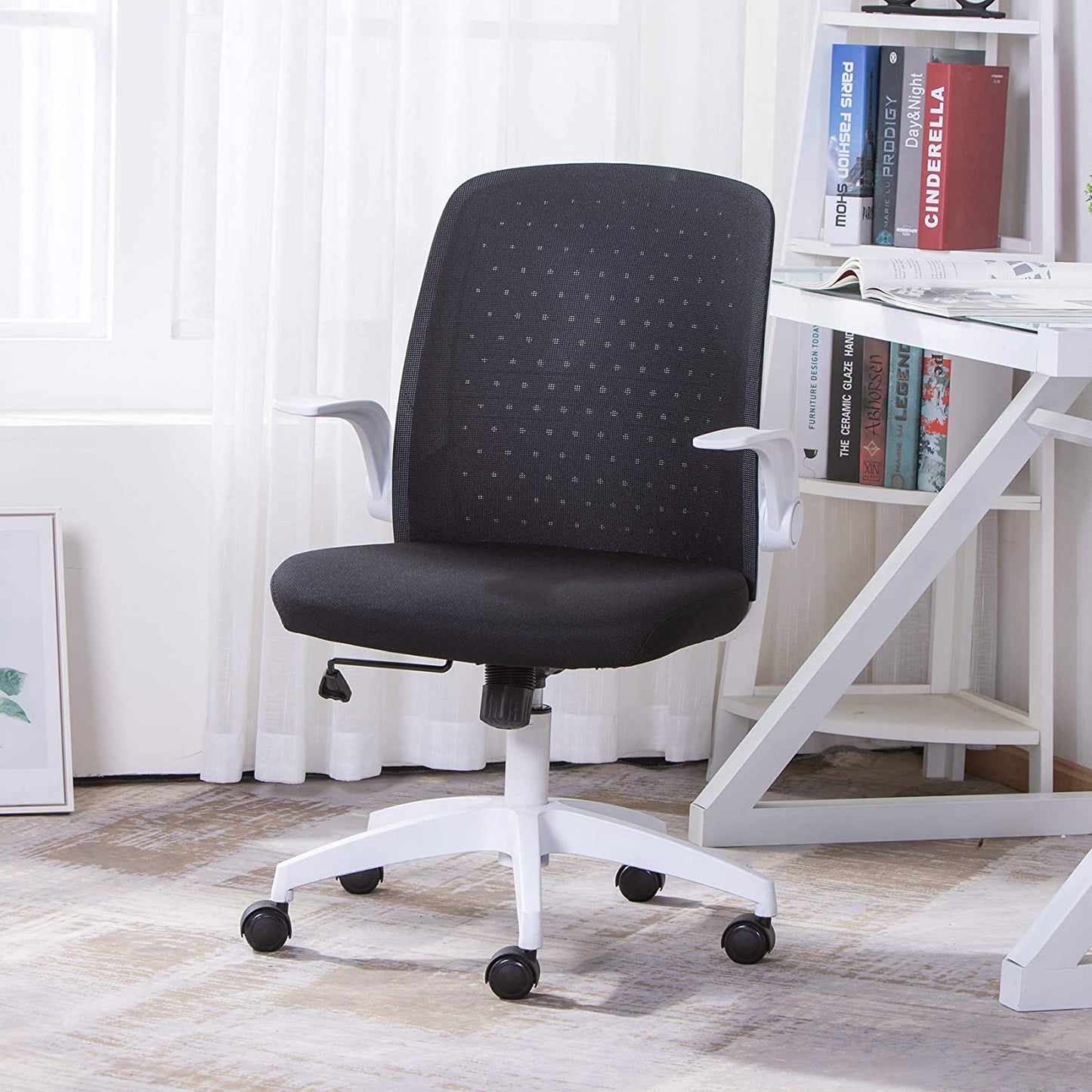 UNICOO - Office Chair Ergonomic Mid Back Swivel Chair, Mesh Computer Chair, Office Task Desk Chair, Home Comfort Chairs with Flip-up Armrests (W-179B - White)
