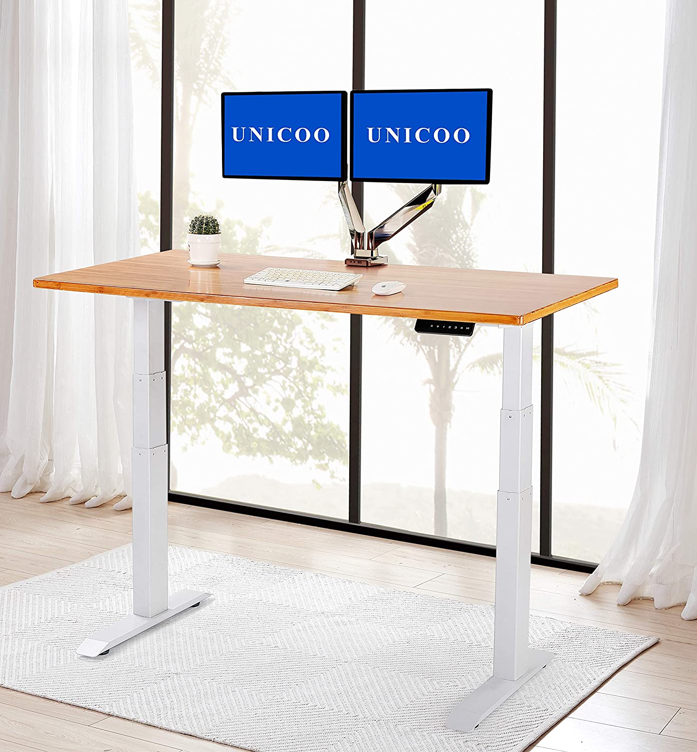 UNICOO - Electric Stand Up Desk Frame with Dual Motor, 3 Stage Up Lifting Legs, Rise UP Electric Adjustable Height and Width Standing Desk Frame with 4 Memory Keypad (Dual Motor Frame)